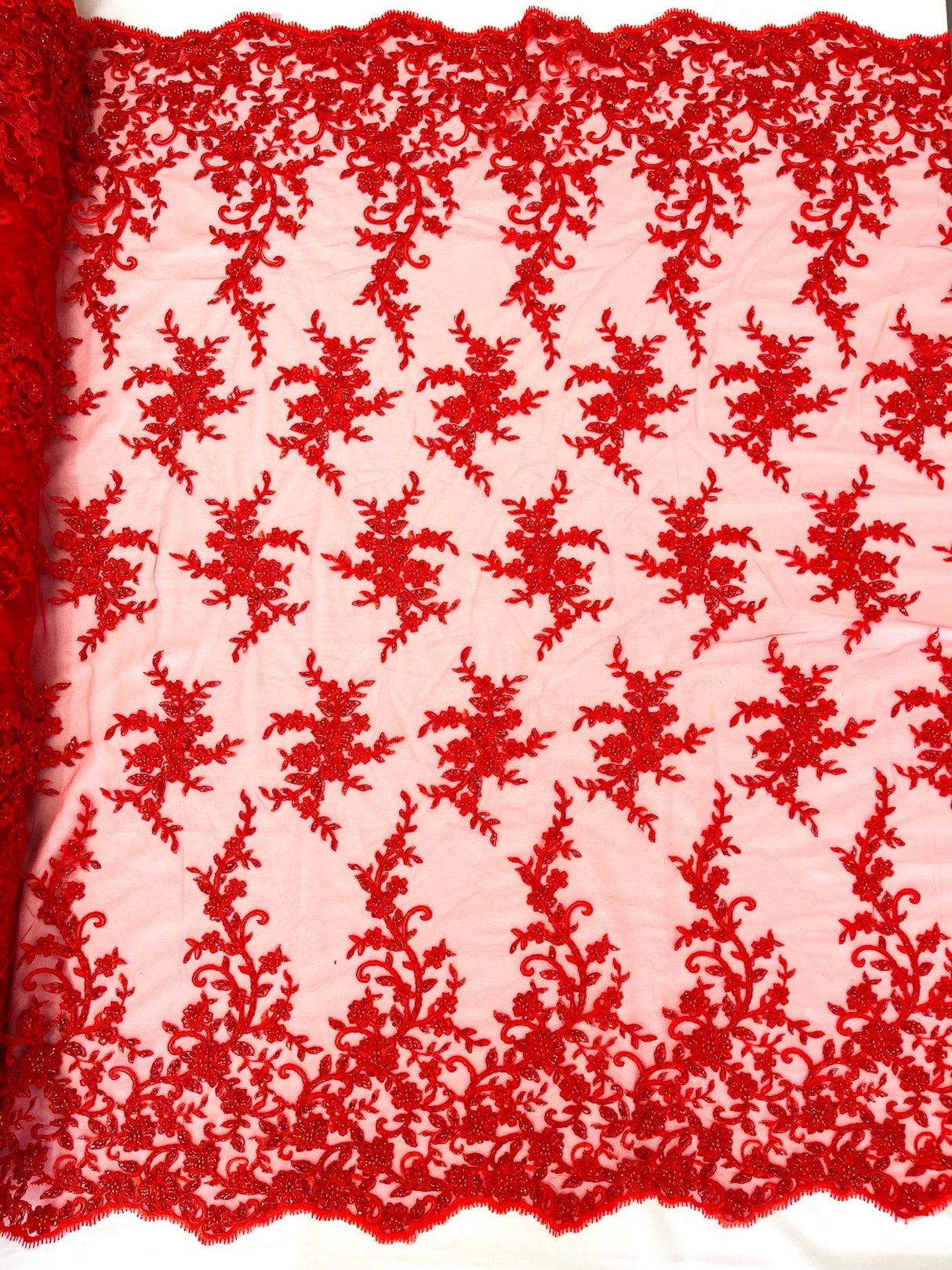 Big Floral Damask Beaded Lace Polyester Fabric - Floral Damask, 54" Width (1 Yard)
