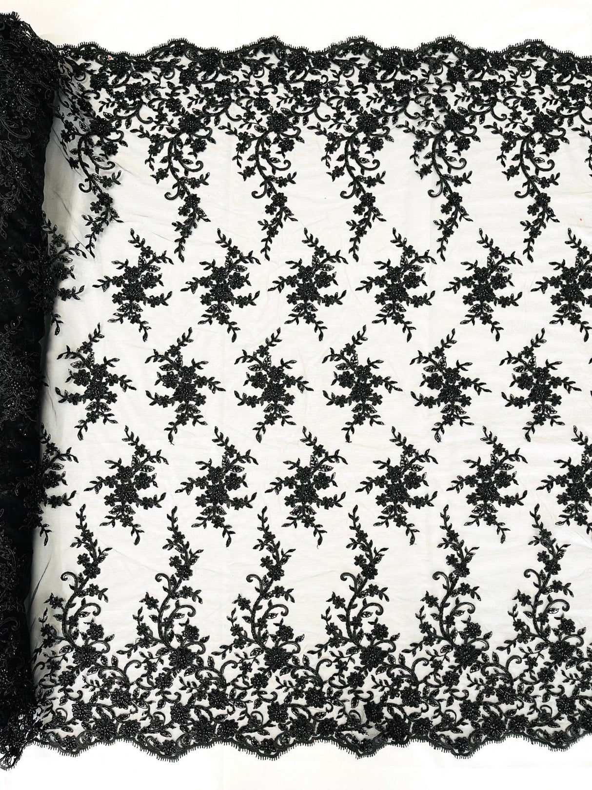 Big Floral Damask Beaded Lace Polyester Fabric - Floral Damask, 54" Width (1 Yard)