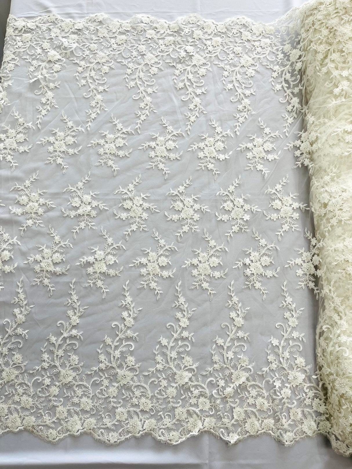 Big Floral Damask Beaded Lace Polyester Fabric - Floral Damask, 54" Width (1 Yard)