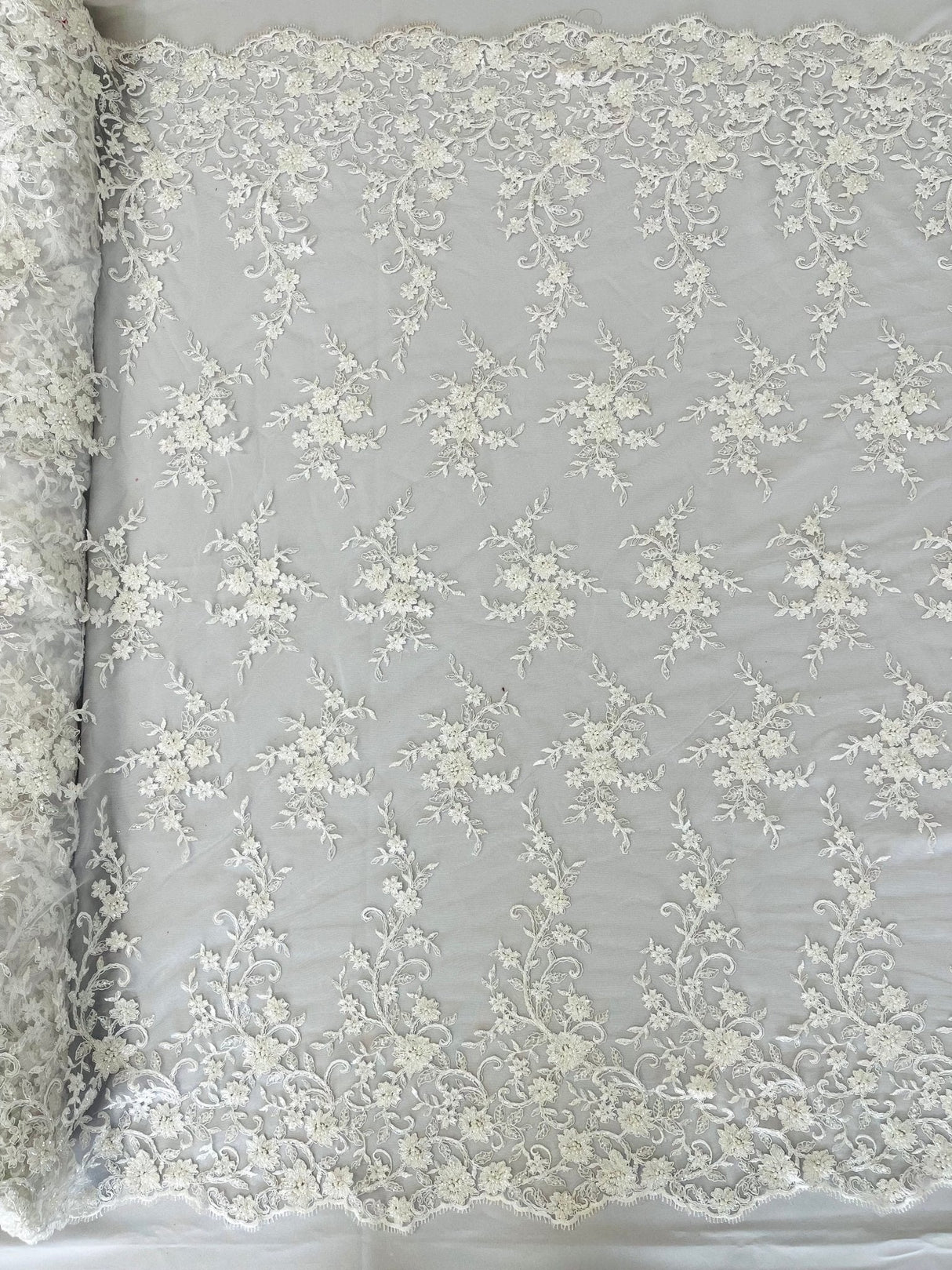 Big Floral Damask Beaded Lace Polyester Fabric - Floral Damask, 54" Width (1 Yard)