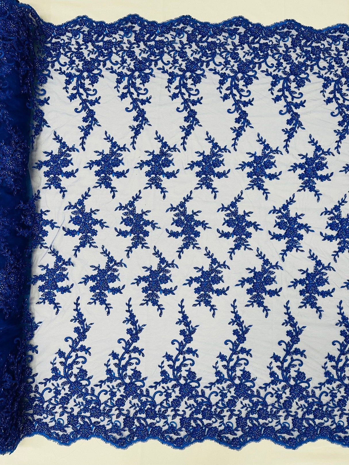 Big Floral Damask Beaded Lace Polyester Fabric - Floral Damask, 54" Width (1 Yard)