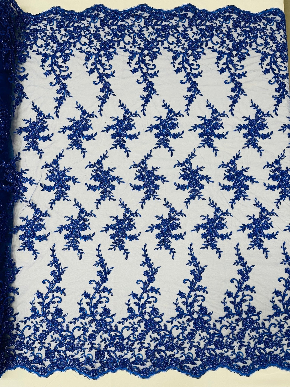 Big Floral Damask Beaded Lace Polyester Fabric - Floral Damask, 54" Width (1 Yard)