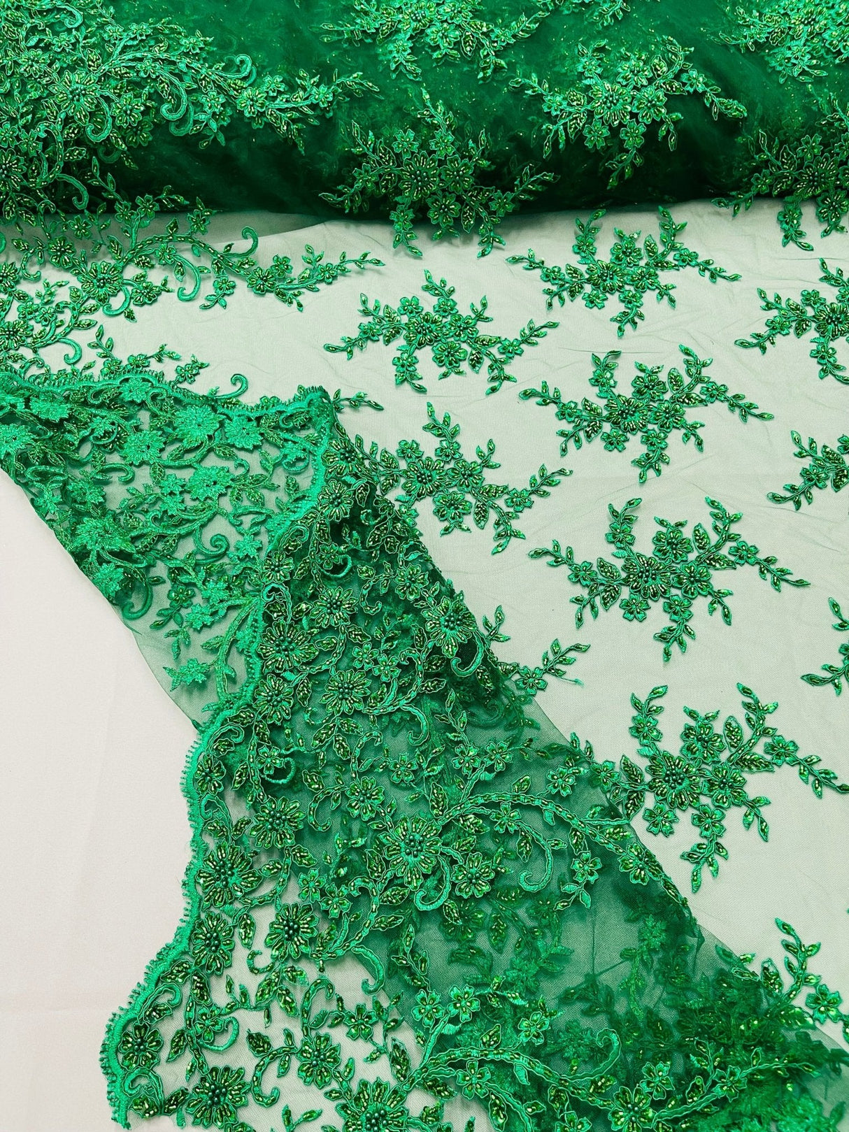 Big Floral Damask Beaded Lace Polyester Fabric - Floral Damask, 54" Width (1 Yard)