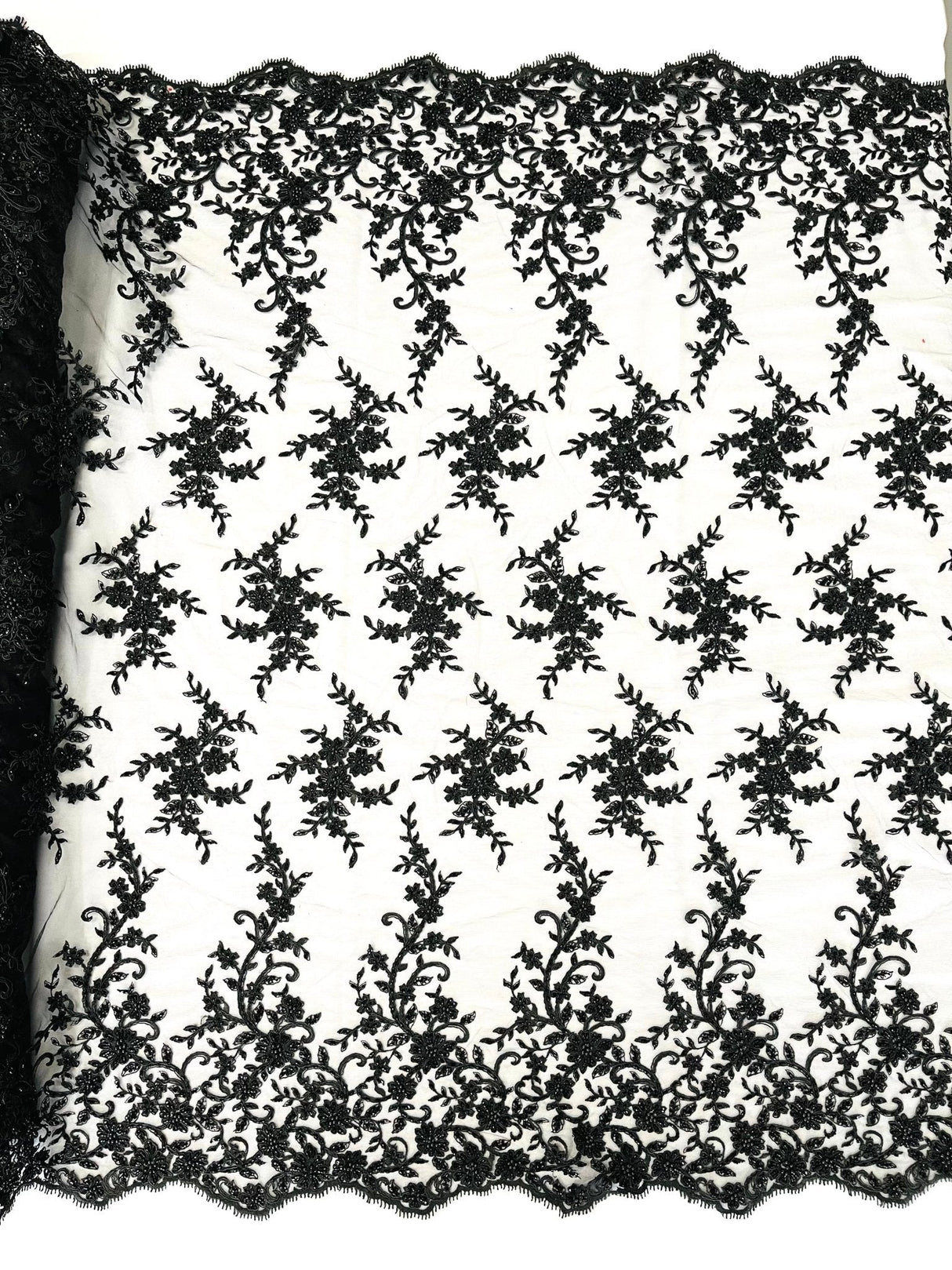 Big Floral Damask Beaded Lace Polyester Fabric - Floral Damask, 54" Width (1 Yard)
