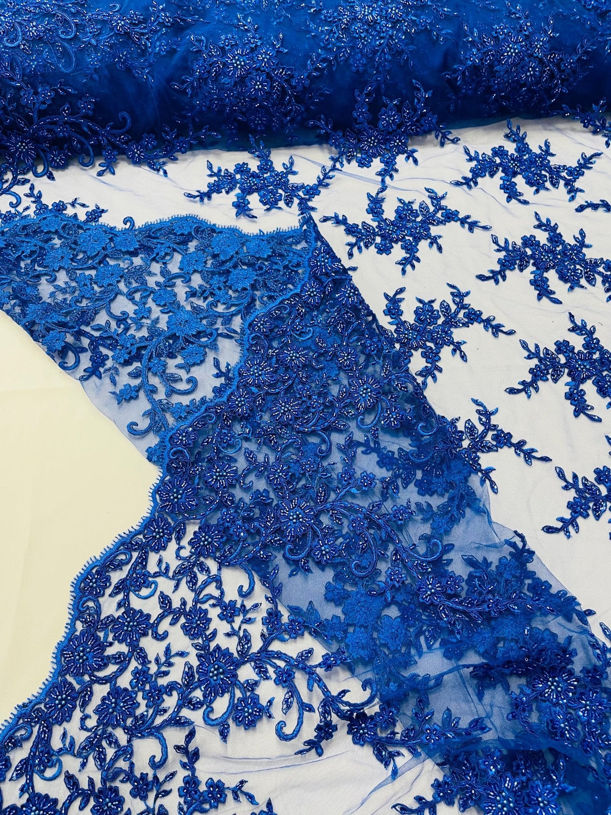 Big Floral Damask Beaded Lace Polyester Fabric - Floral Damask, 54" Width (1 Yard)