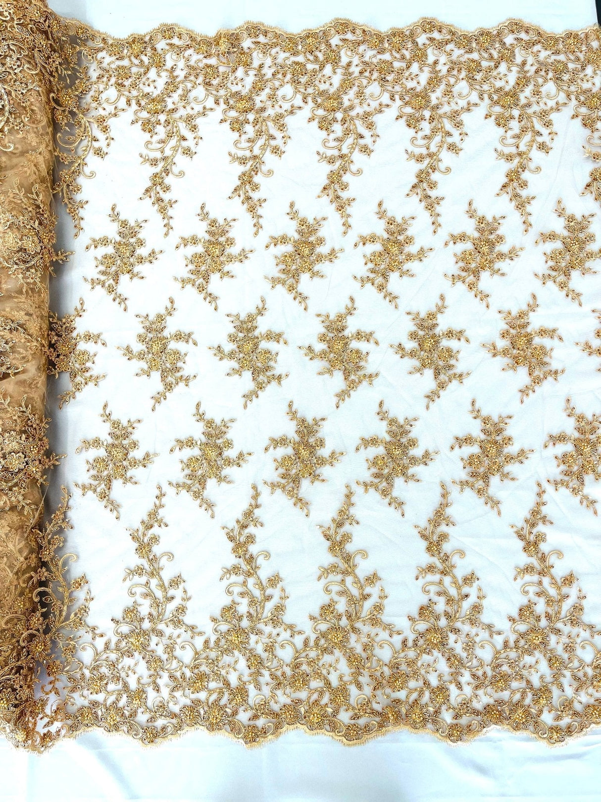 Big Floral Damask Beaded Lace Polyester Fabric - Floral Damask, 54" Width (1 Yard)