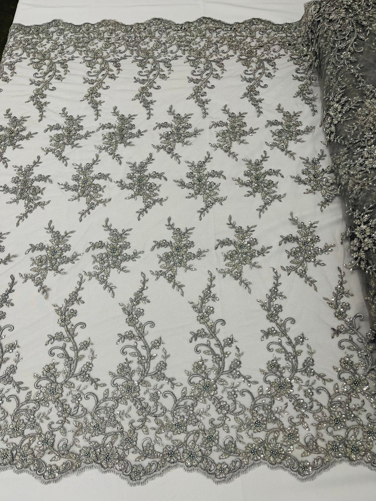 Big Floral Damask Beaded Lace Polyester Fabric - Floral Damask, 54" Width (1 Yard)