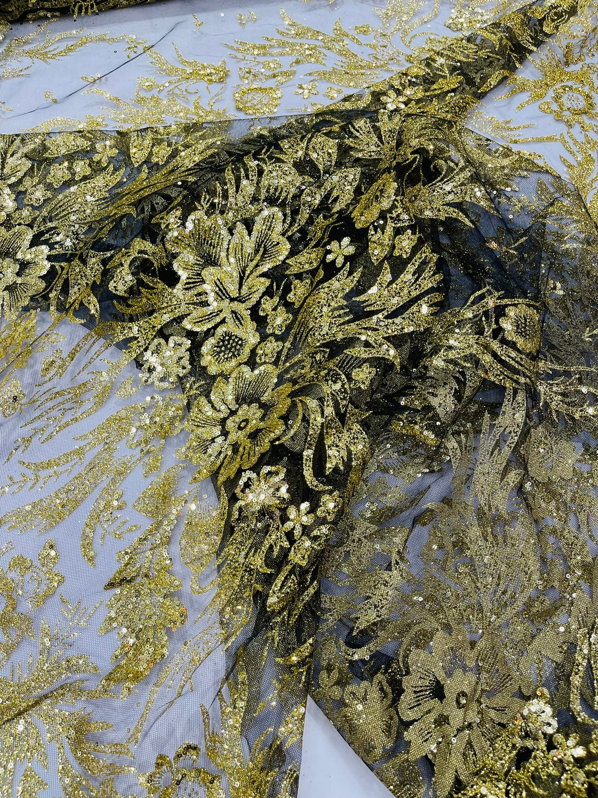 Big Glitter Damask Design On A Mesh Lace Fabric - Glitter Damask Pattern, 58" Wide (1 Yard)
