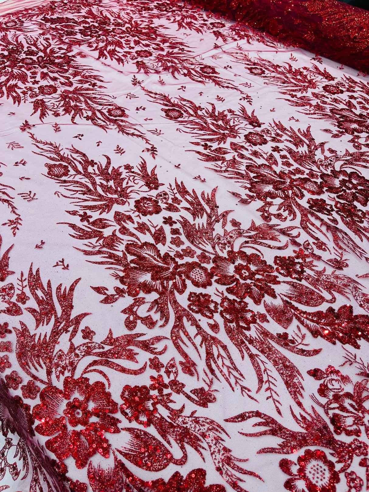 Big Glitter Damask Design On A Mesh Lace Fabric - Glitter Damask Pattern, 58" Wide (1 Yard)