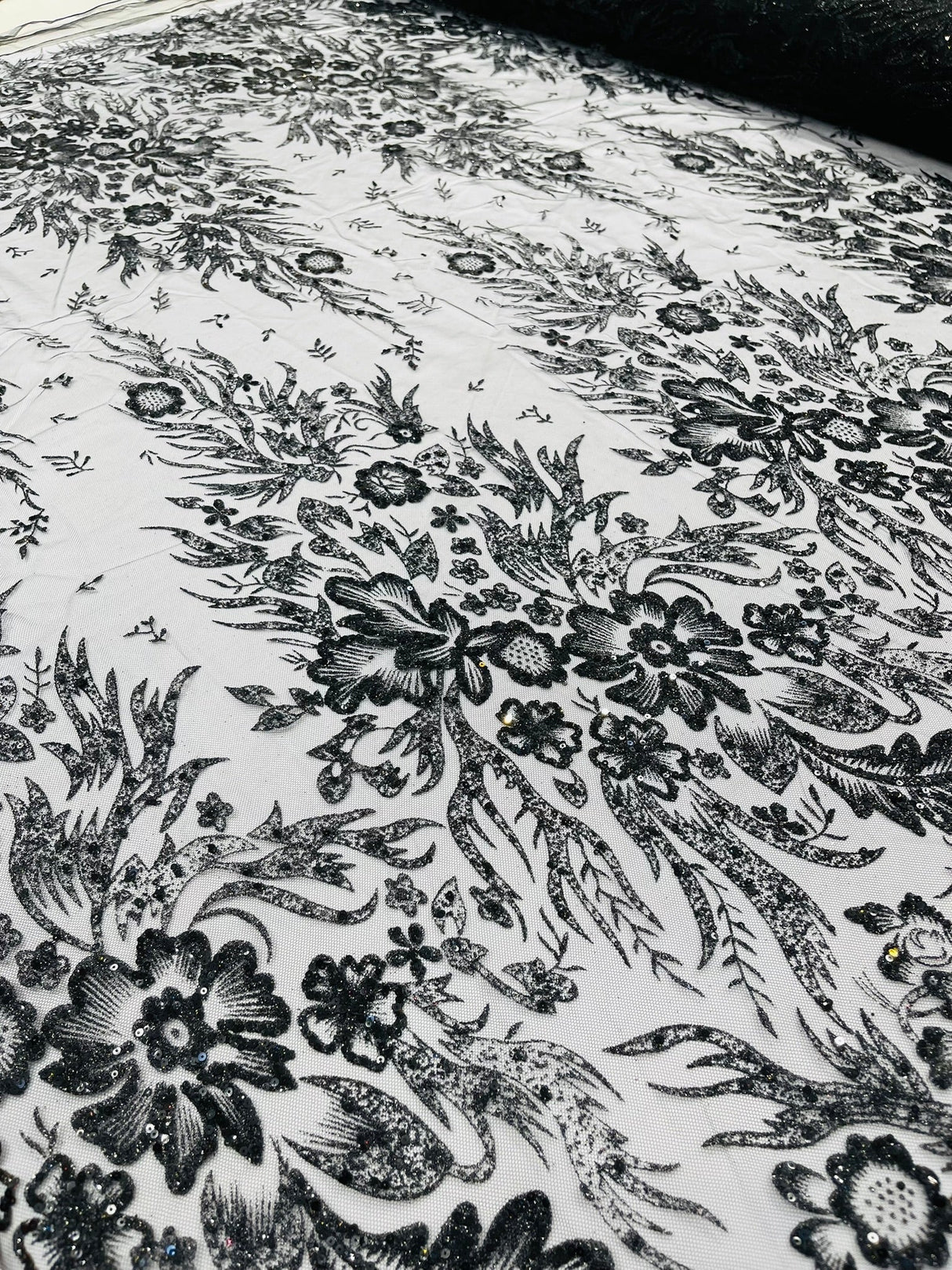 Big Glitter Damask Design On A Mesh Lace Fabric - Glitter Damask Pattern, 58" Wide (1 Yard)