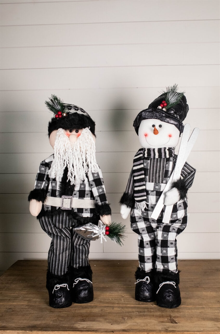 32” Black and White Buffalo Check Santa and Snowman Plush Figurine