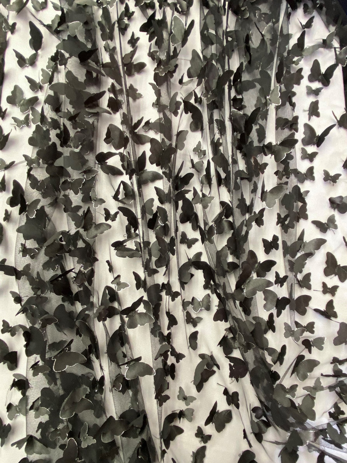 3D Butterflies Black Polyester Fabric - Black Satin Butterflies On 2-Way Stretch Mesh, 54" Width (1 Yard)