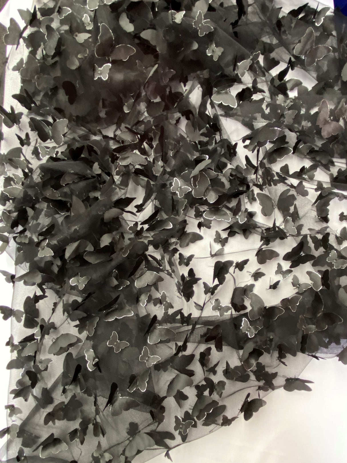 3D Butterflies Black Polyester Fabric - Black Satin Butterflies On 2-Way Stretch Mesh, 54" Width (1 Yard)
