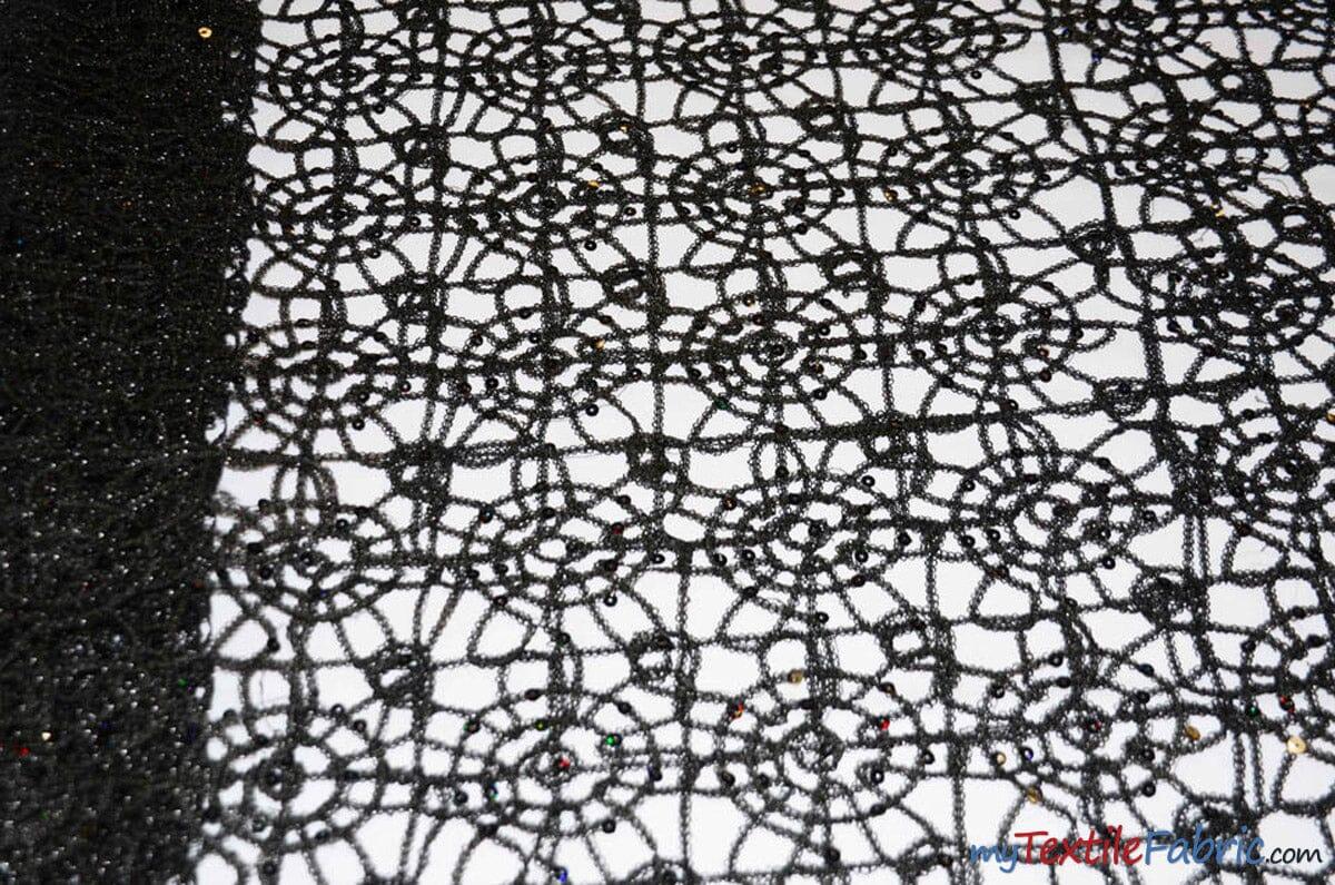 Open Weave Chain Chemical Lace Polyester Fabric - Sheer Metallic Open Work, Sequins Embellished, 50" Width, 10 Colors (1 Yard)
