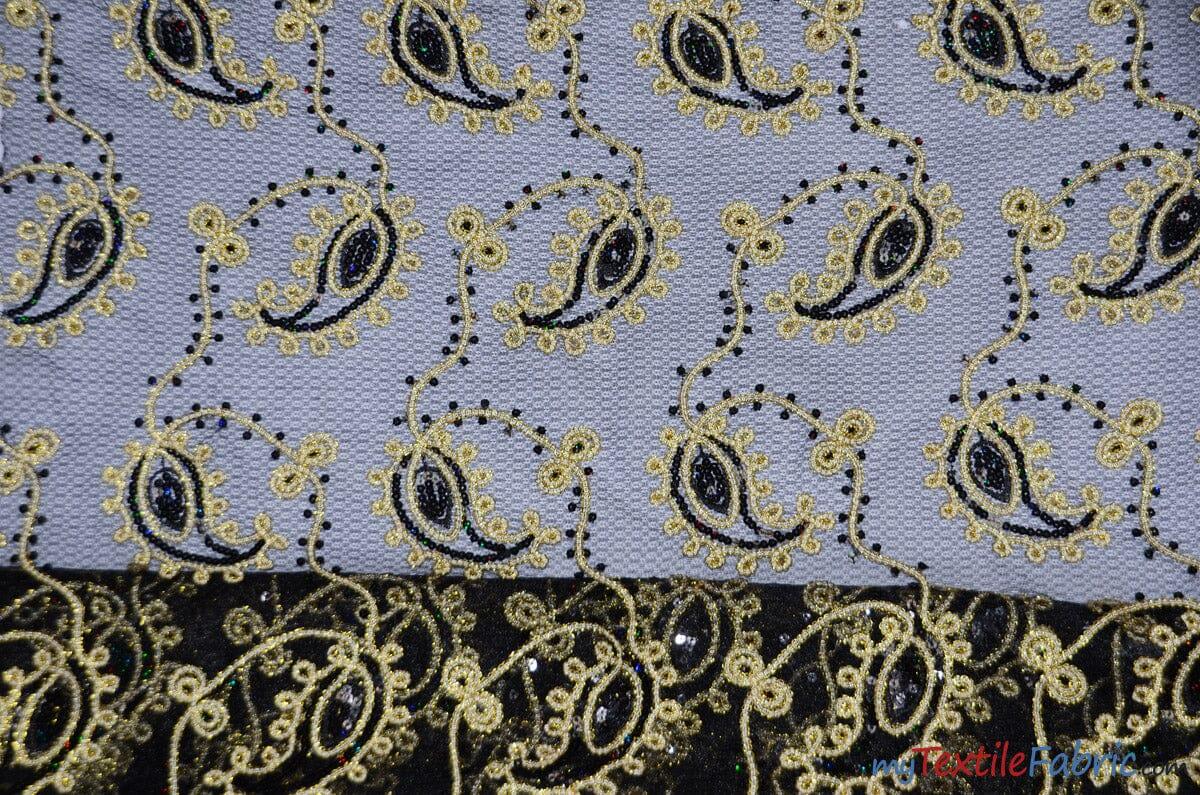 Coco Paisley Polyester Fabric - Sheer Embroidered Paisley, Double Scallop Lace, 52" Width (1 Yard)
