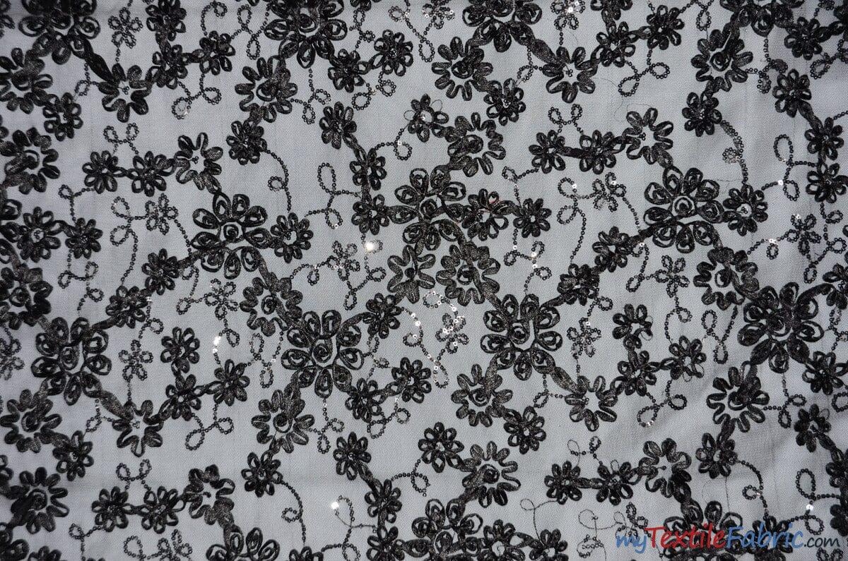Luxury Mesh Embroidery Polyester Fabric - Embroidered Floral Mesh, 54" Width, Champagne (1 Yard)
