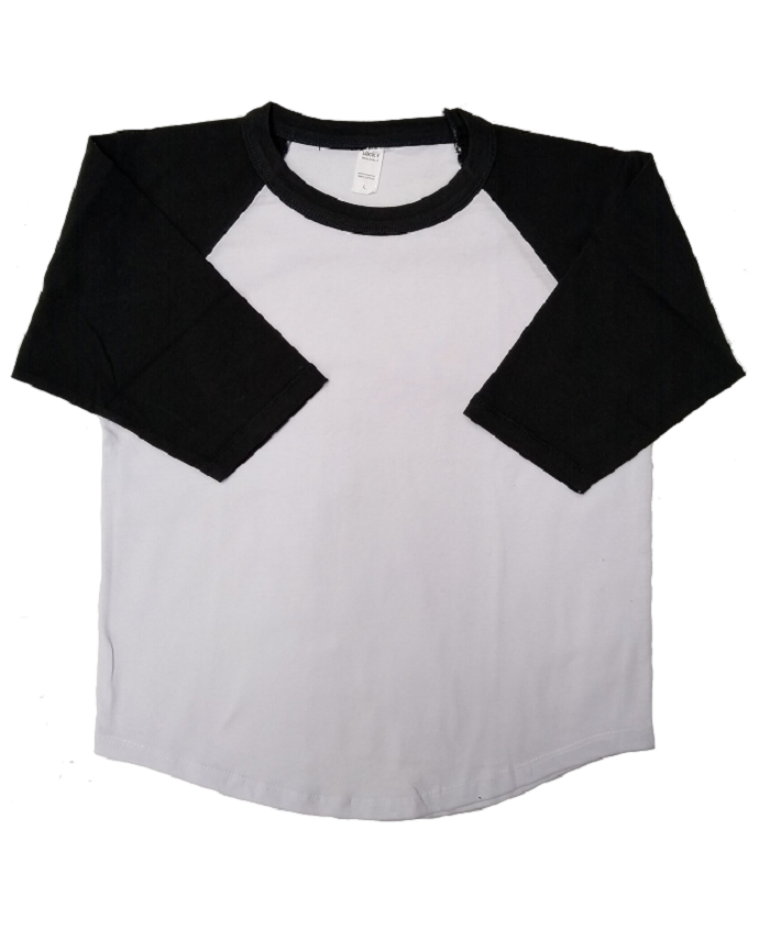 Lucky Friends Youth Raglan Cotton Fabric - Black, White Body, Navy Sleeves, Raglan 3/4 Sleeve (1 Piece)