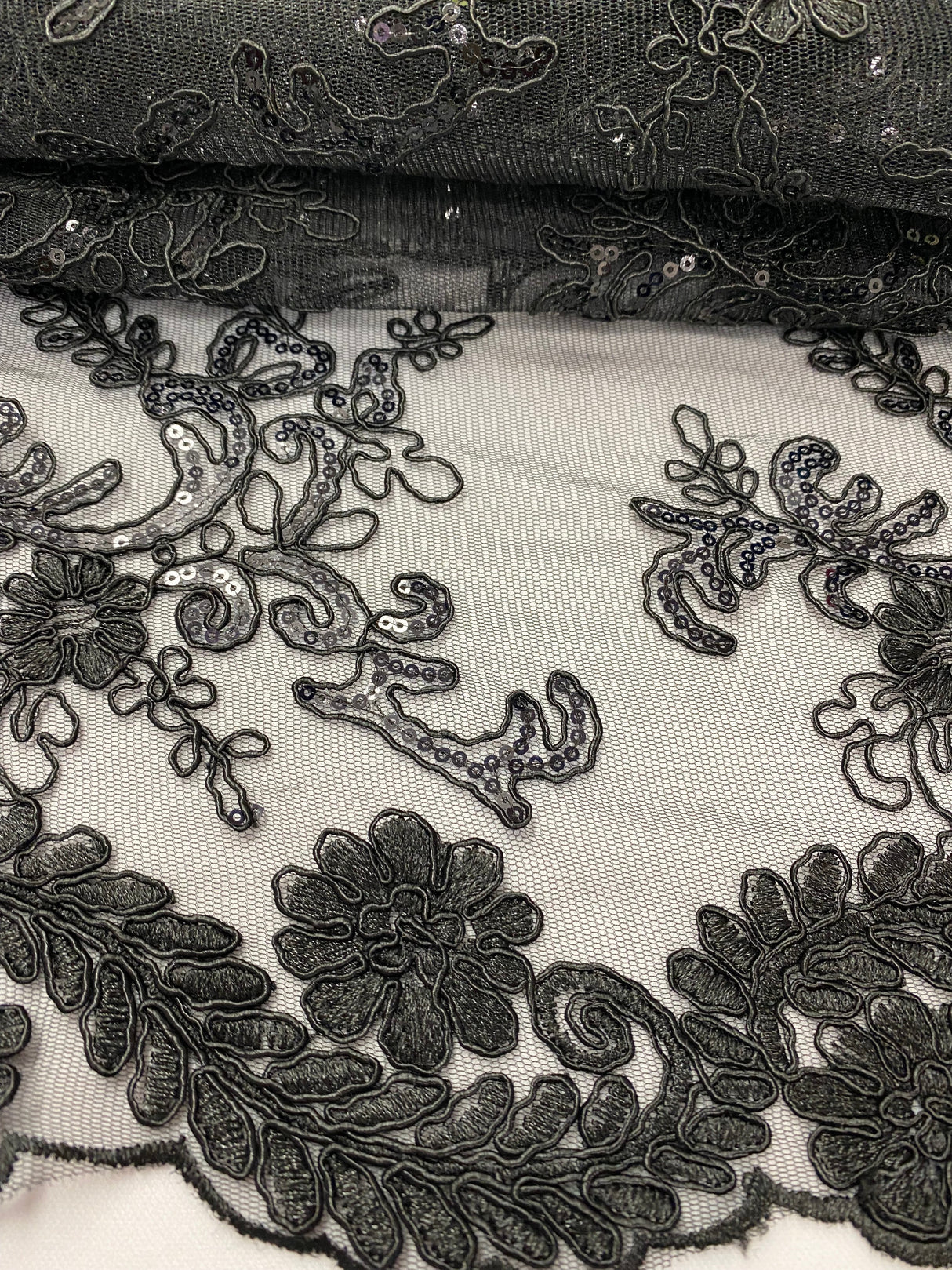 Elena's Lace Black Polyester Lace Fabric - Black Corded Mesh Embroidered With Sequins, Double Scalloped Edge, 54" Width (1 Yard)