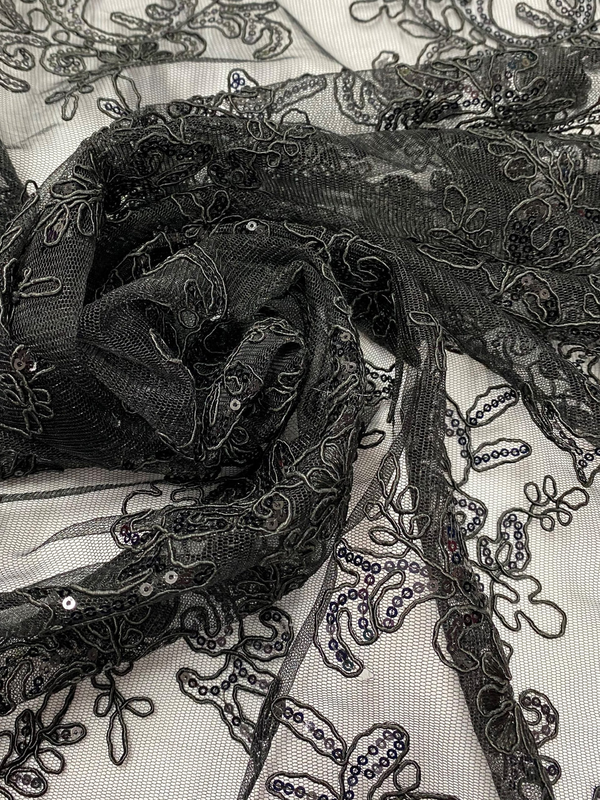 Elena's Lace Black Polyester Lace Fabric - Black Corded Mesh Embroidered With Sequins, Double Scalloped Edge, 54" Width (1 Yard)