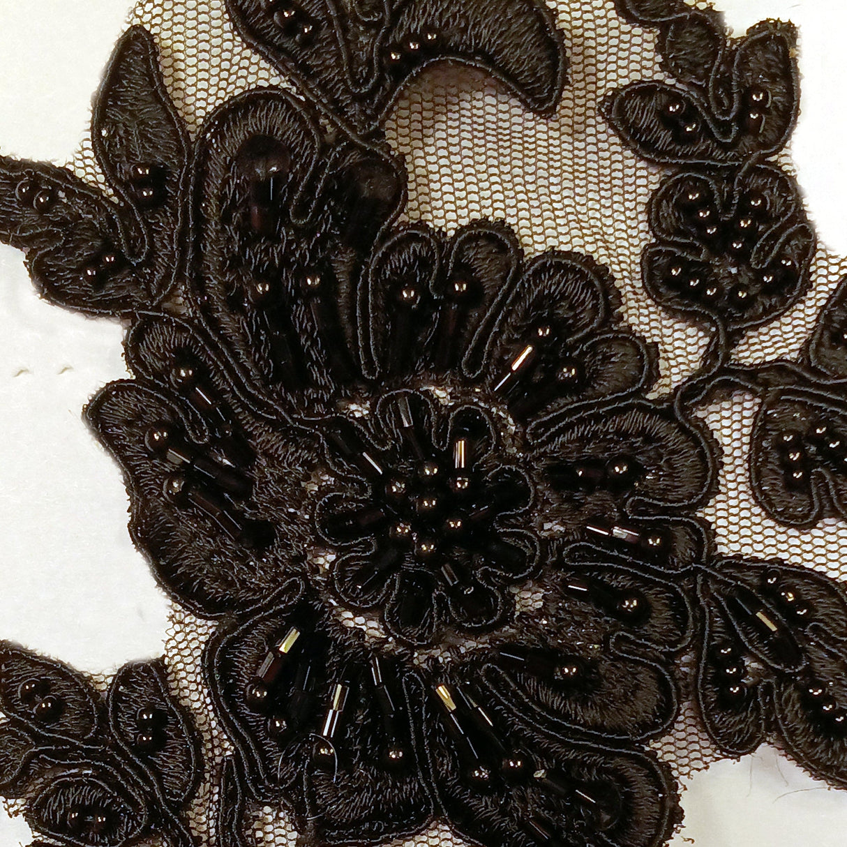 Beaded Corded Floral Lace Applique Polyester Fabric - Embroidered Net Mesh, 13" X 3", Black, Gold, Ivory, Silver, White, Ivory With Rose Gold Cording, White With Rose Gold Cording (1 Pair)