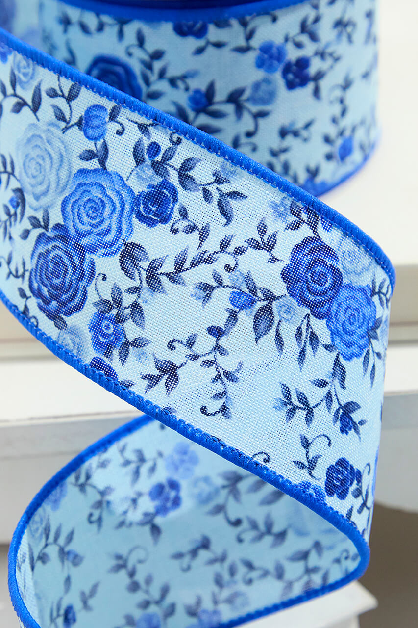 2.5” x 10 Yard Blue Spring Floral Ribbon