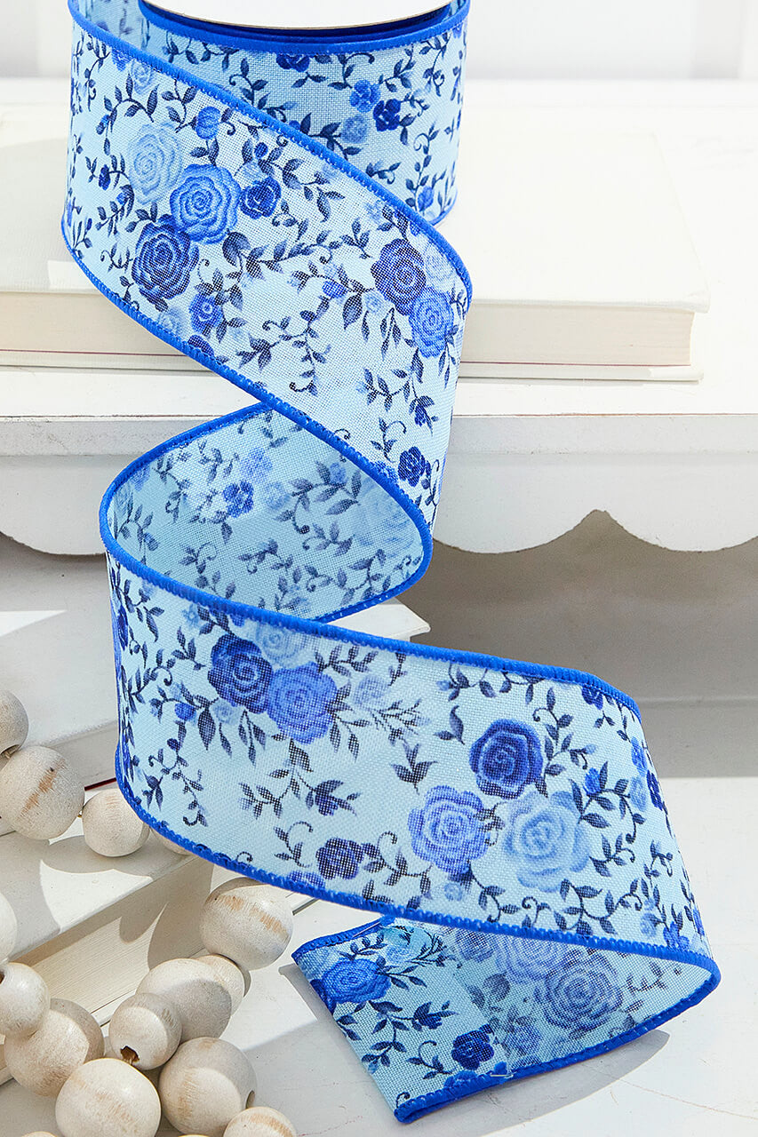 2.5"x 10 Yards Blue Spring Floral Ribbon Fresh Wired Seasonal Craft Ribbon