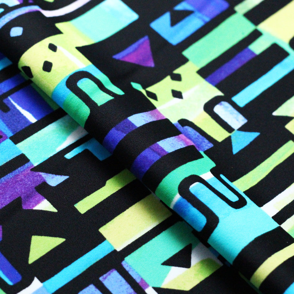 Afro Beat Nylon Spandex Fabric - Blue Mint/Multicolor African Print, 58/60" Width (1 Yard)
