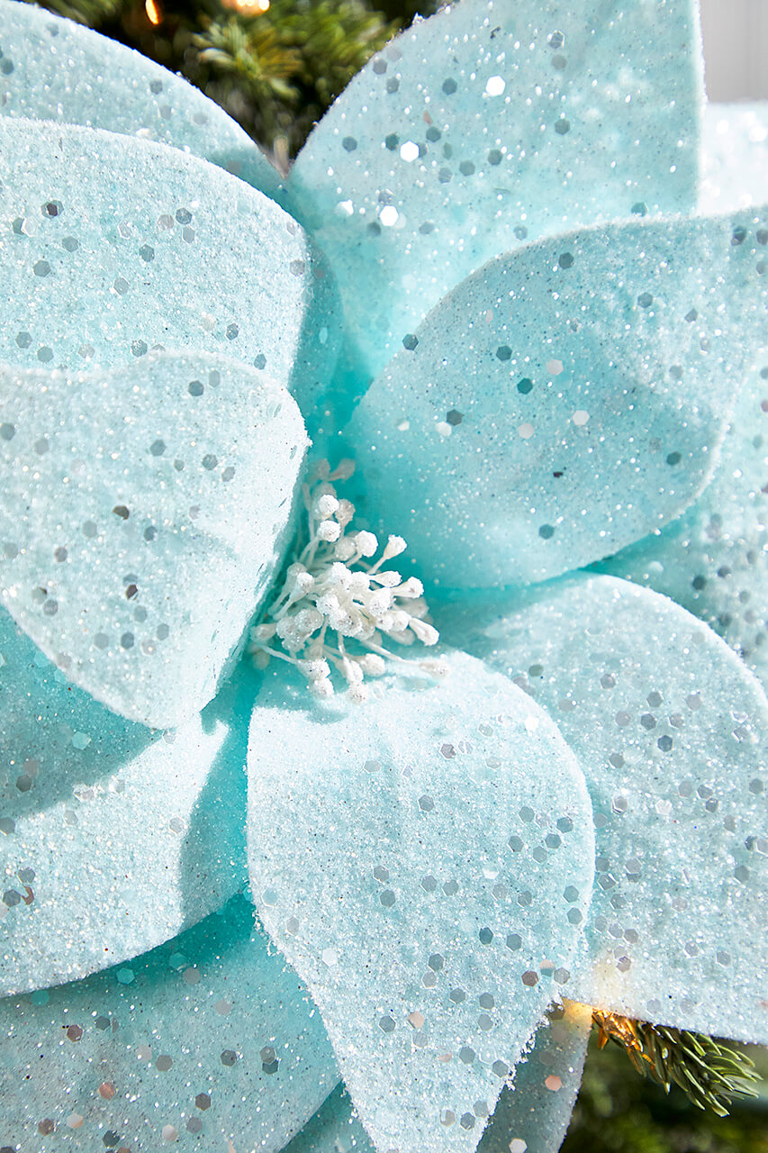 22" Teal with Sparkles Frosted Poinsettia Stem