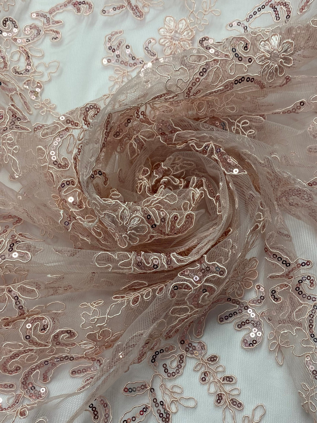 Elena's Lace Polyester Fabric - Blush Pink Corded Mesh Embroidered With Sequins, Double Scalloped Edge, 54" Width (1 Yard)