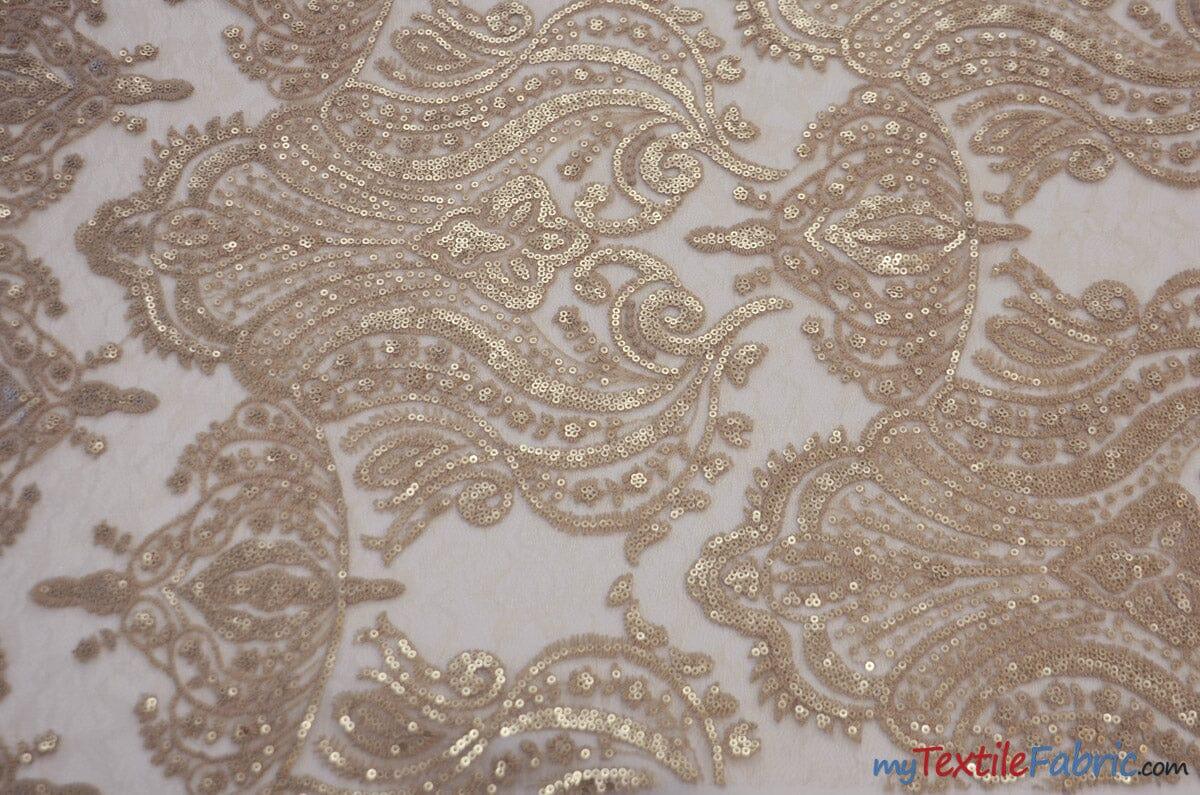 Medallion Bridal Lace Polyester Fabric - Sequins Damask Embroidery, Sheer White, 52" Width (1 Yard)