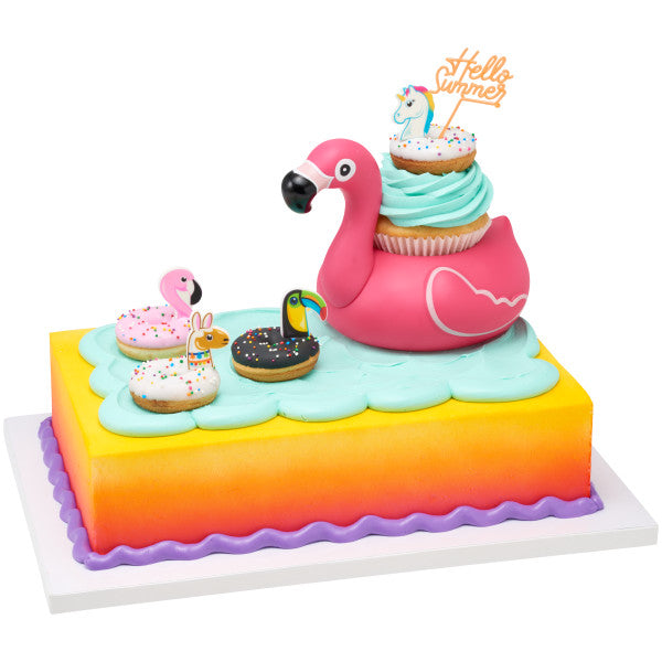 Tropical Party Cake Topper, 2-Piece Pool Party Cake Decoration Set, Includes Pink Flamingo Can Cooler and Tiki-Hut