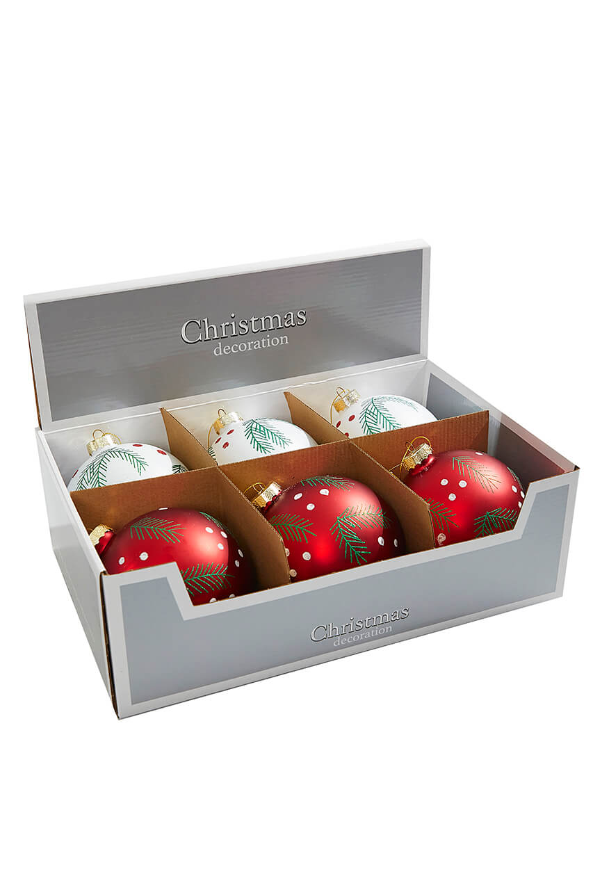 5" Red/White Christmas Ball Ornaments - Set of 6