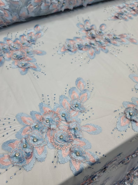 3D Beaded Floral Lace Sky Blue