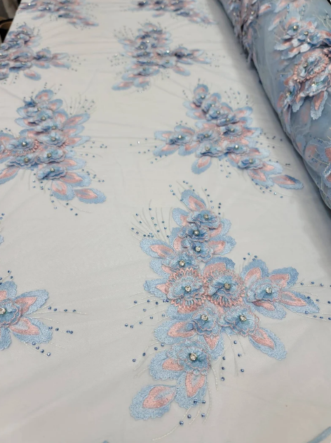 3D Beaded Floral Lace Sky Blue