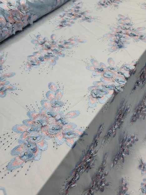 3D Beaded Floral Lace Sky Blue