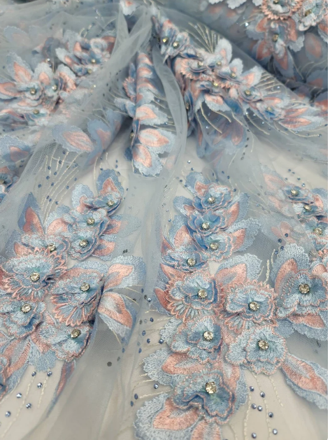 3D Beaded Floral Lace Sky Blue