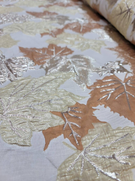 Brocade Jacquard Metallic Gold Maple Leaves