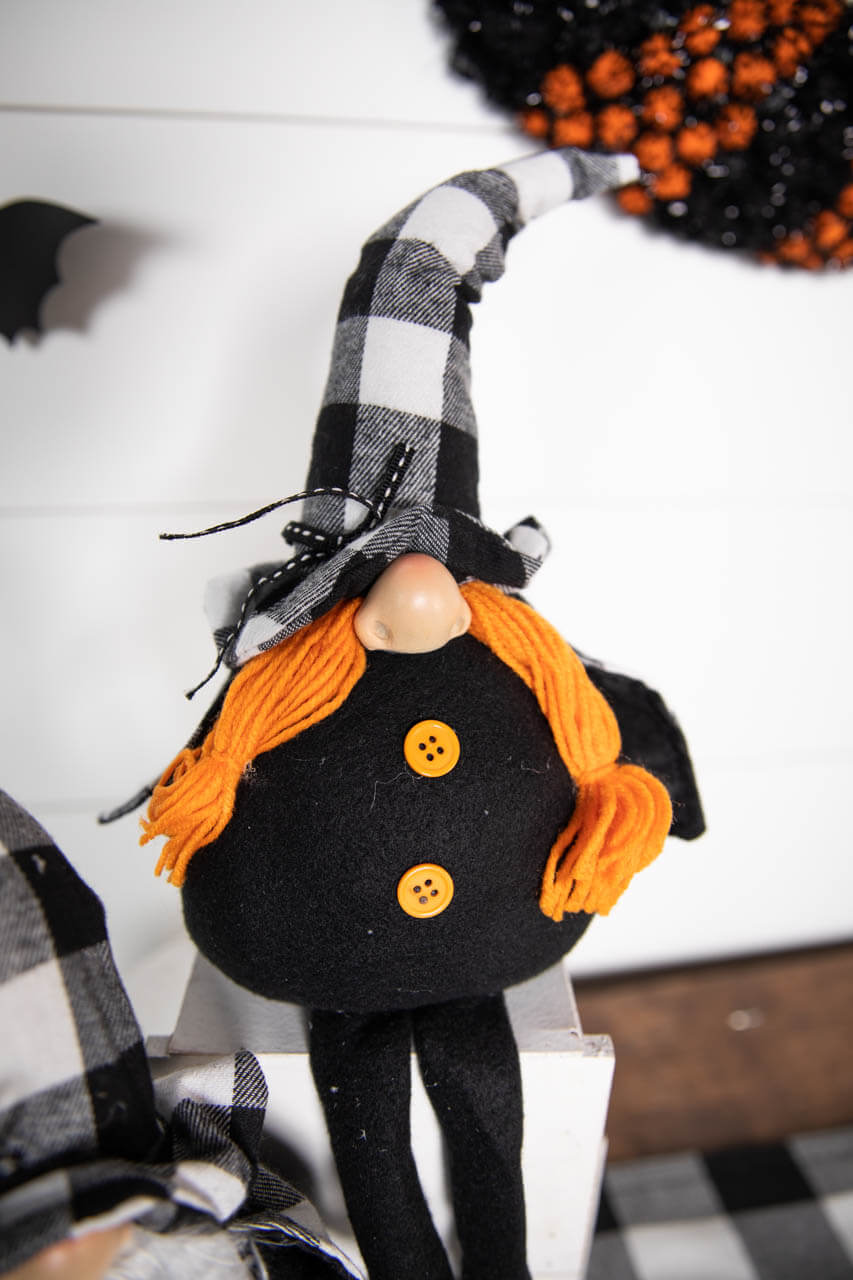 22” Fabric Halloween Buffalo Check Gnome Shelf Sitter