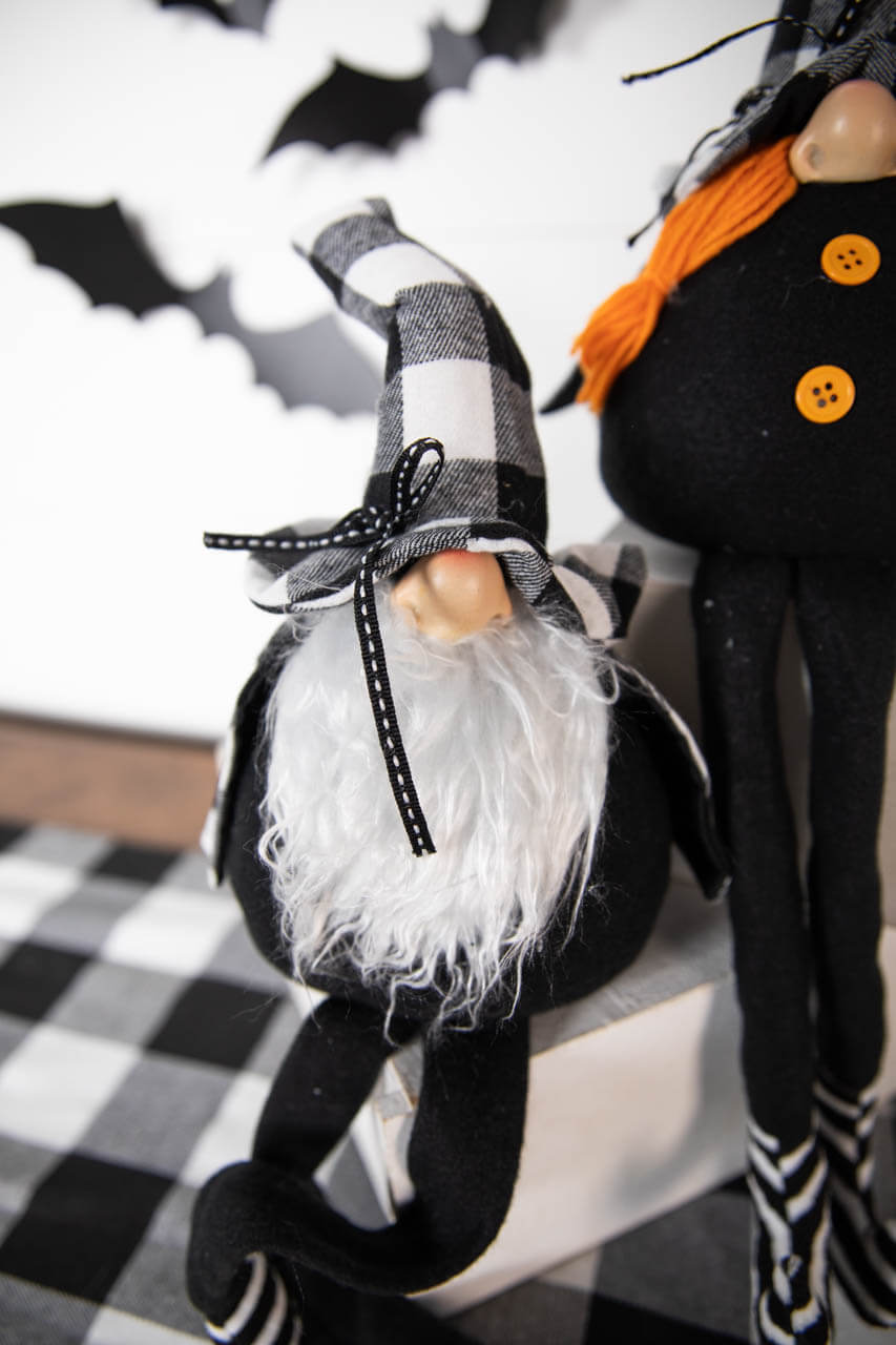 22” Fabric Halloween Buffalo Check Gnome Shelf Sitter
