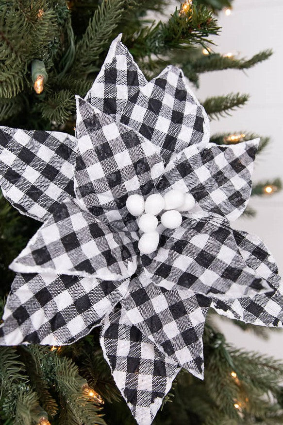 22” x 10.5" Black and White Plaid Poinsettia Stem with White Berries