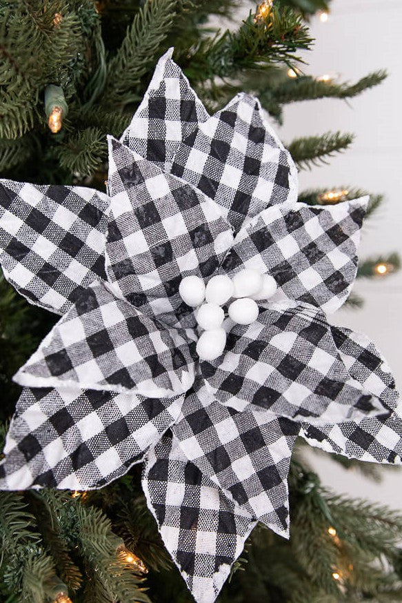 22 Inch x 10.5 Inch Black and White Plaid Poinsettia Stem with White Berries