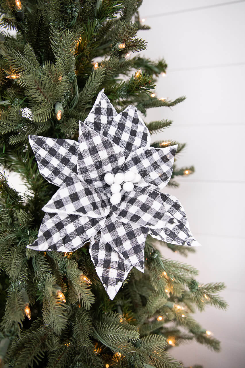 22” x 10.5" Black and White Plaid Poinsettia Stem with White Berries