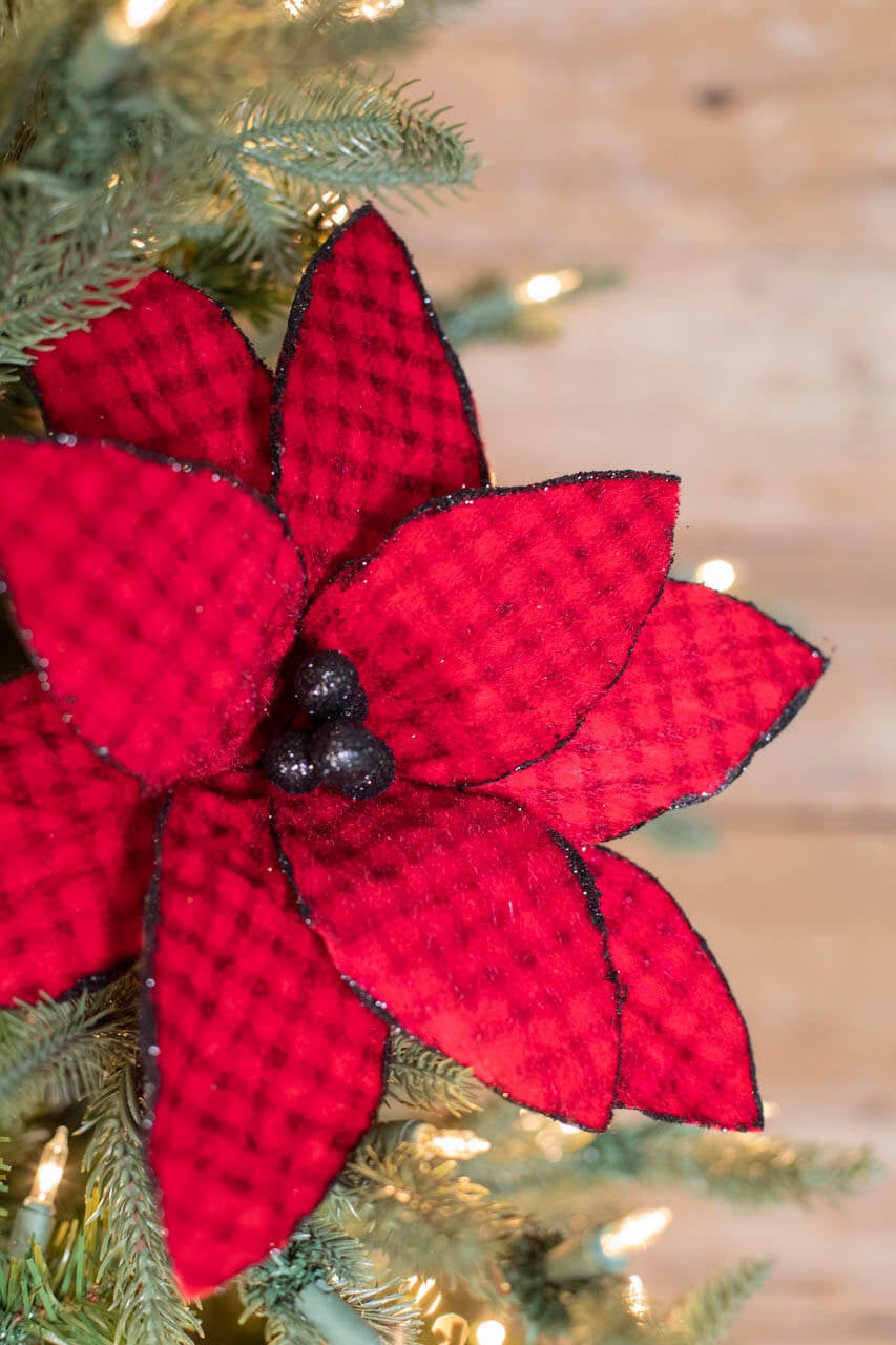 Red Black Buffalo Check Velvet Poinsettia Stem 24 Inch Decor
