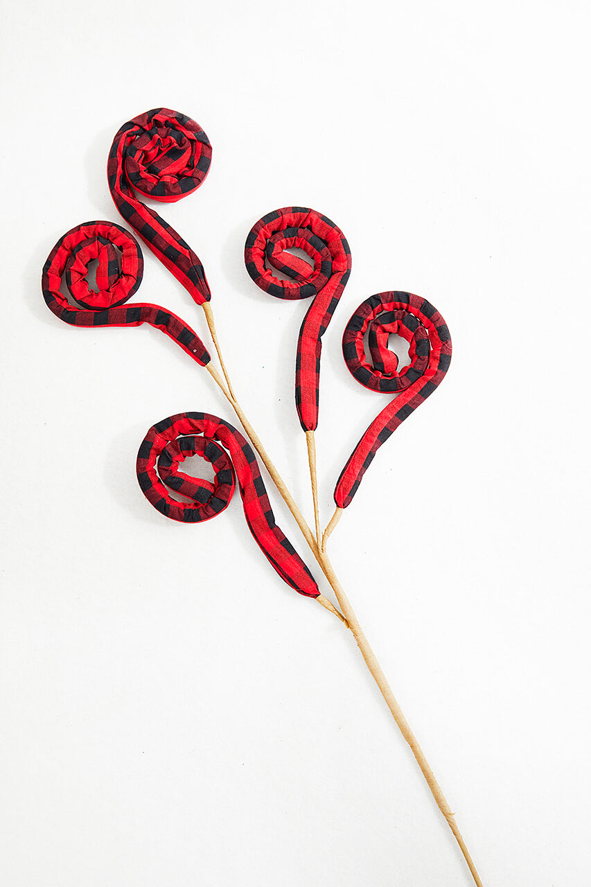 30” Red and Black Fabric Plaid Spiral Curly Spray