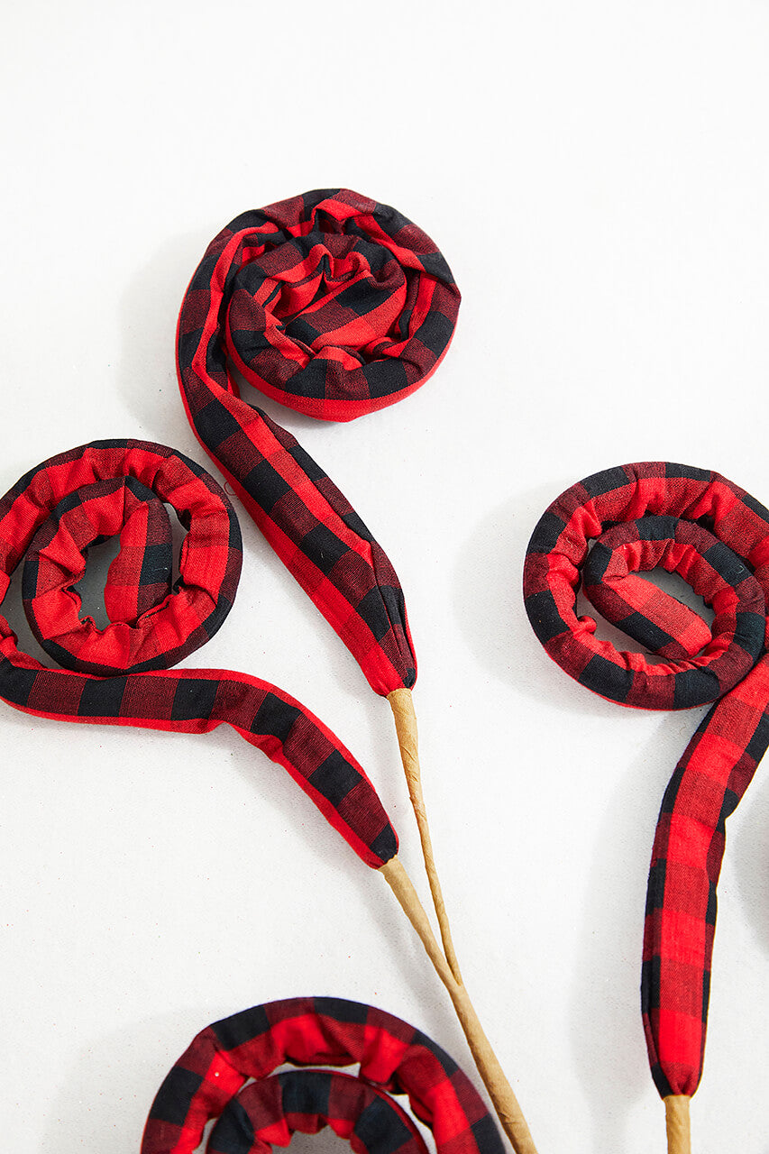 30” Red and Black Fabric Plaid Spiral Curly Spray