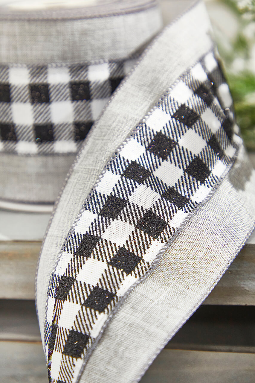 4” x 10 Yard Metallic Check Solid Edge Wired Ribbon