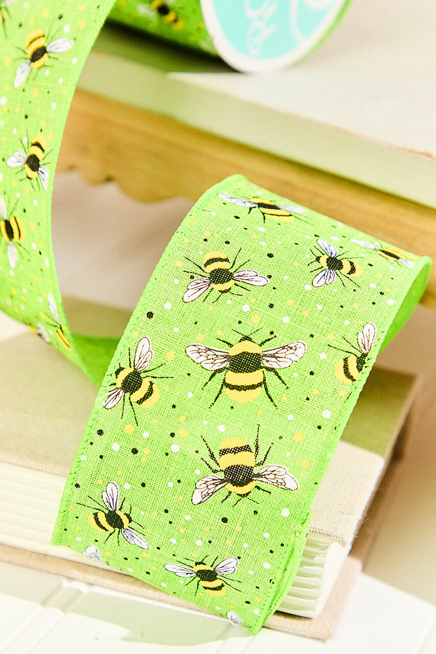 2.5" x 10 Yard Green Ribbon with Bees And Speckles