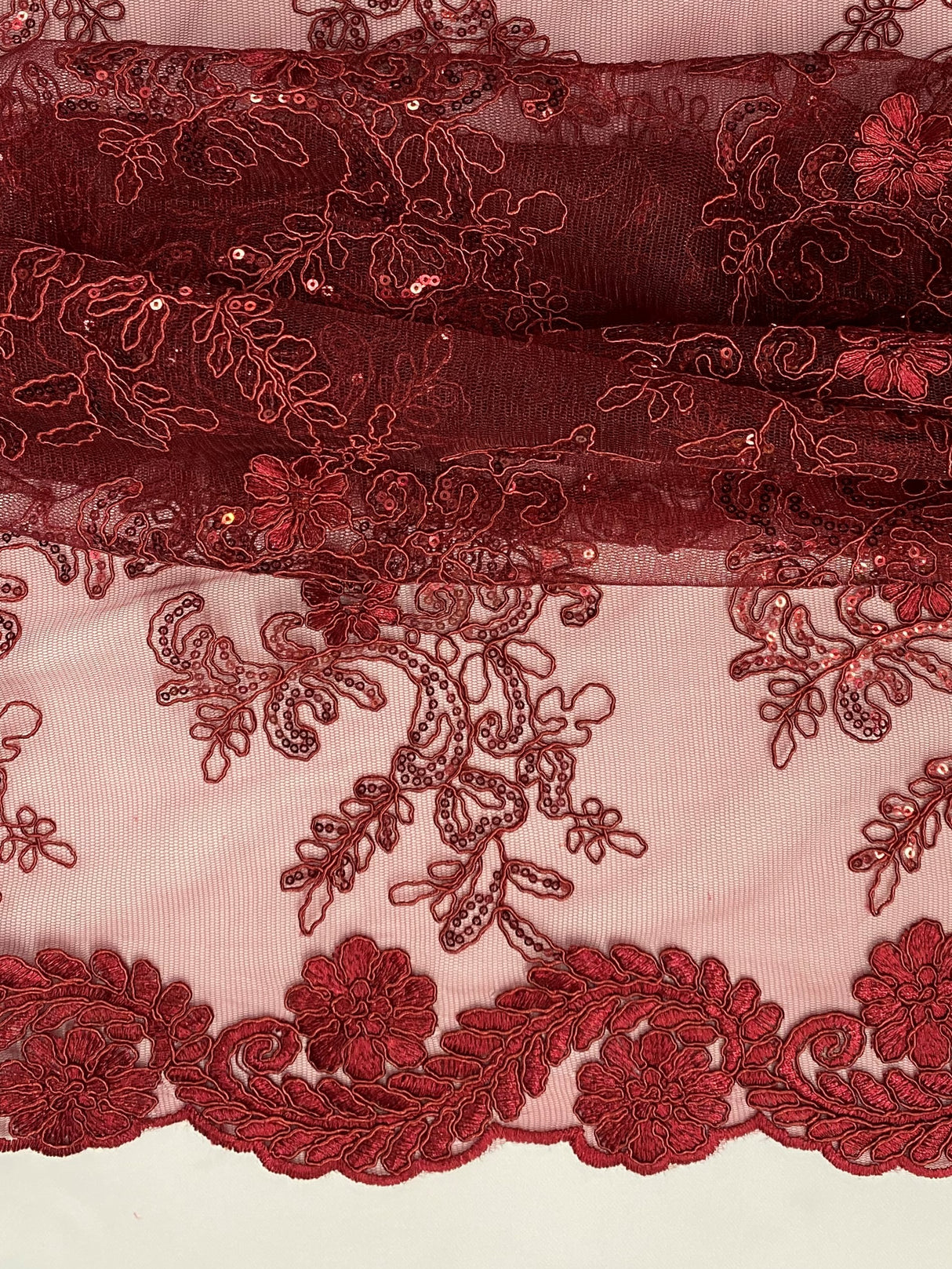 Elena's Lace Polyester Fabric - Burgundy Corded Mesh Embroidered With Sequins, Double Scalloped Edge, 54" Width (1 Yard)