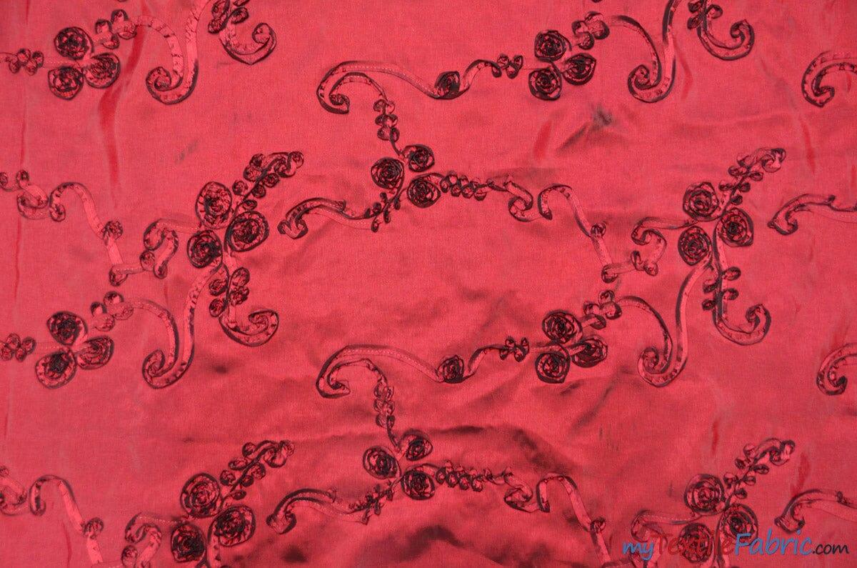 Ribbon Taffeta Polyester Fabric - Embroidered Ribbon Cord, Multiple Colors, 54" Width (1 Yard)