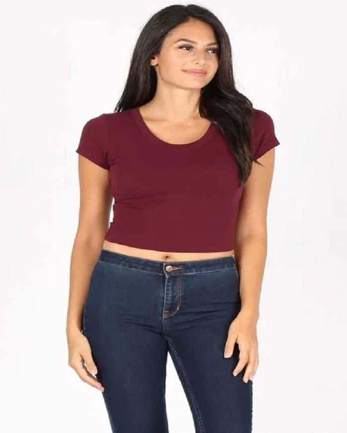Lucky Fitted Crop Top Cotton Spandex Fabric - Burgundy, Solid, Short Sleeve, Stretch (1 Piece)